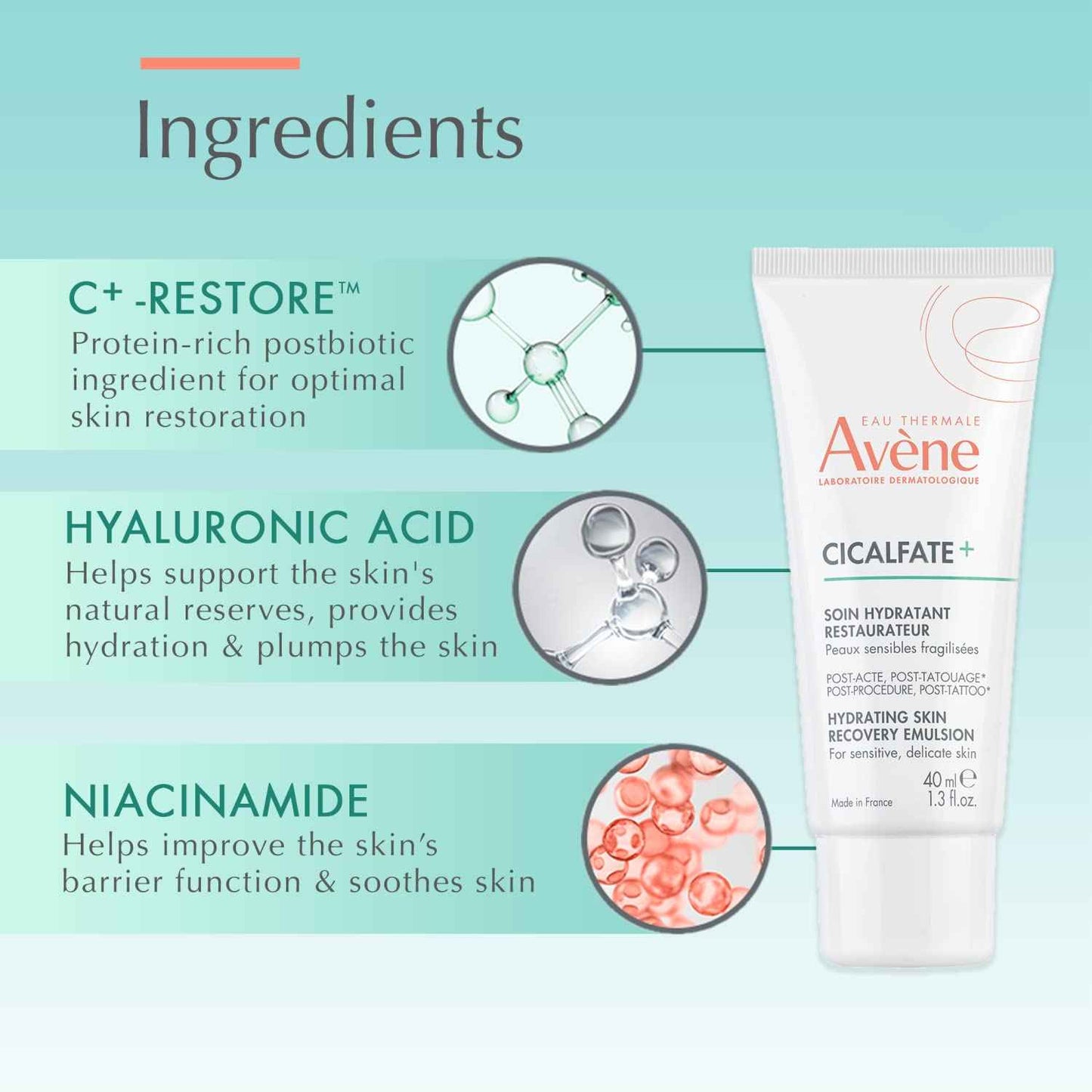 Avène Cicalfate+ Hydrating Skin Recovery Emulsion for post-procedure & post-tattoo, helps restore skin barrier, 24hr hydration, 1.3 Fl Oz