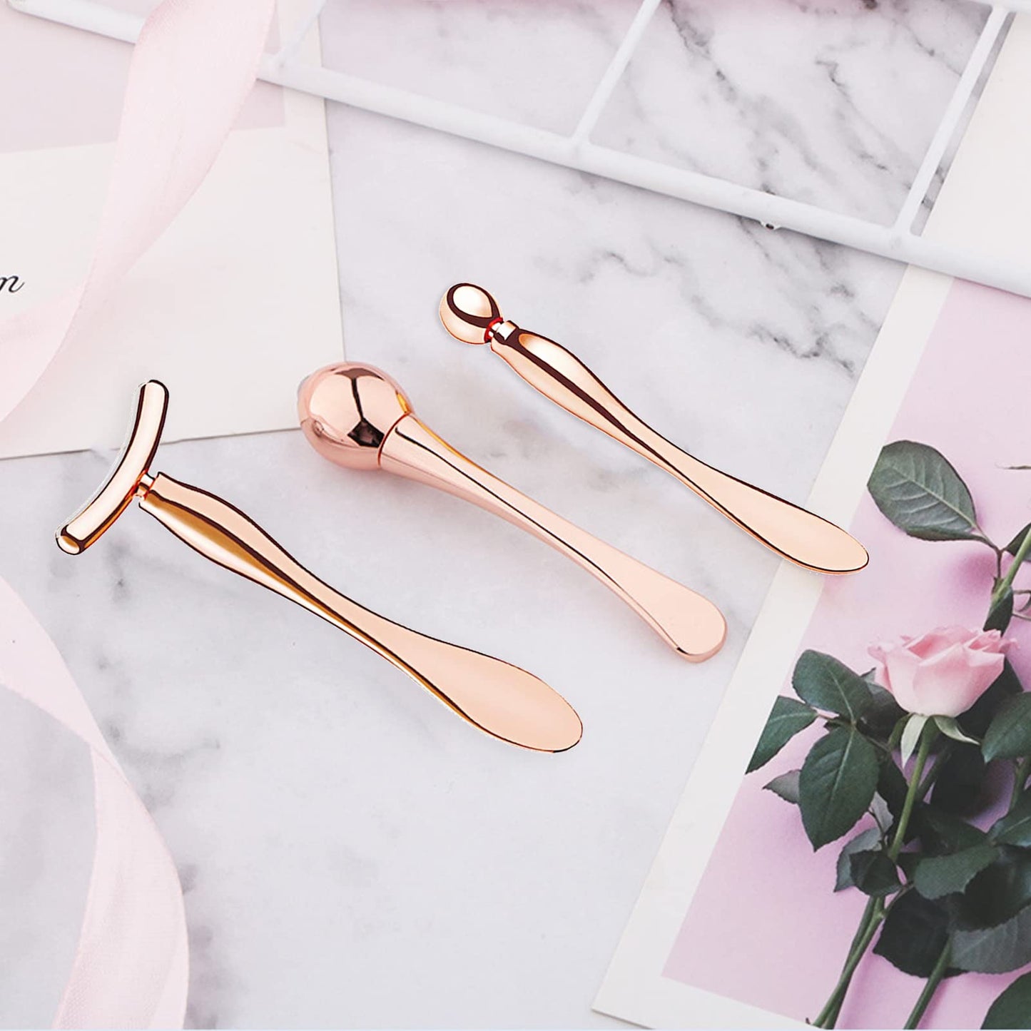 BetterJonny 3Pcs Metal Eye Cream Applicator Roller Wand Stick, Cosmetics Spoon Eye Cream Massager Wand Girls Women Facial Massager for Fatigue Relief Reduce Puffiness (Rose Gold)