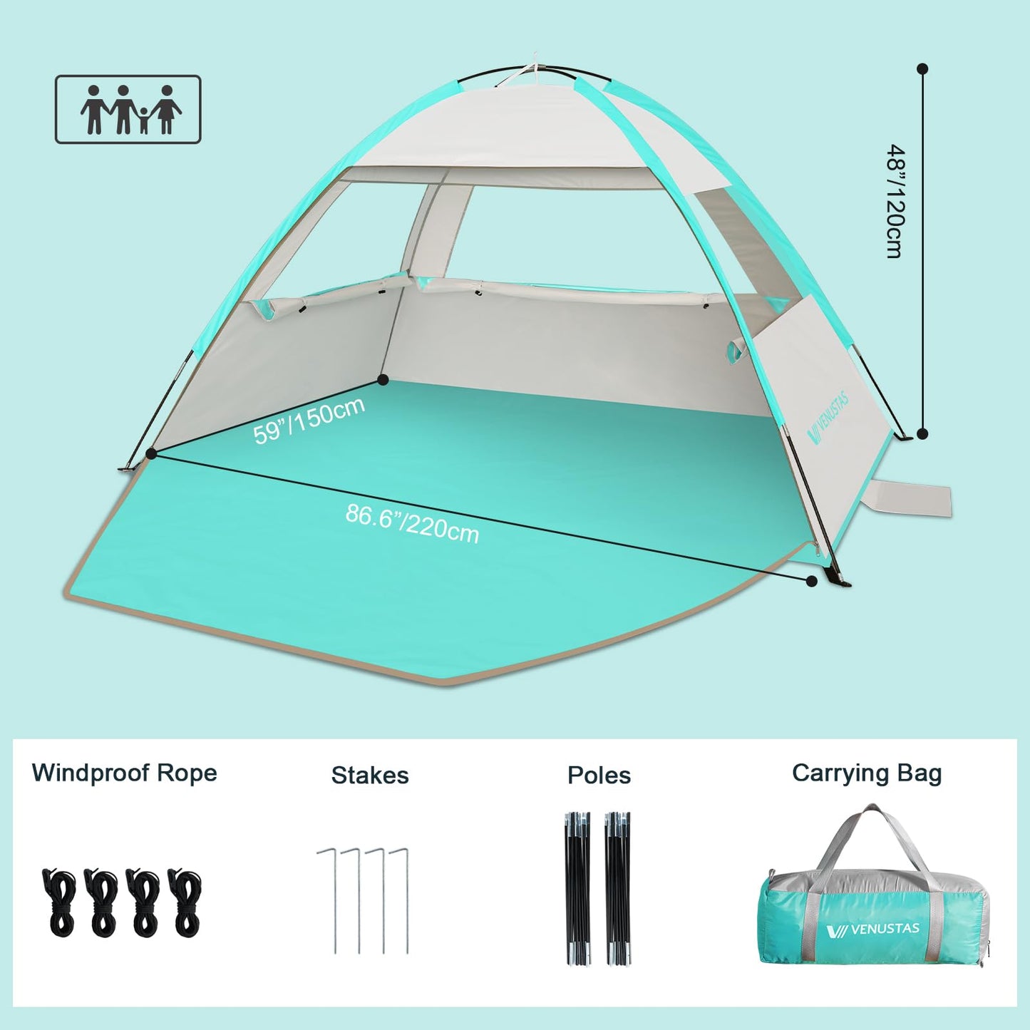 Venustas Beach Tent Sun Shelter for 3/4-5/6-7/8-10 Person, UPF 50+ UV Protection Beach Canopy, Lightweight and Easy Setup Cabana, Portable Beach Shade Tent