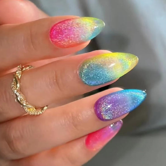 Rainbow Press on Nails Almond Shape Fake Nails Colorful False Nails with Designs Medium Glue on Nails Glitter Full Cover Artificial Nails Cute Acrylic Press on Nails for Women Manicure Decorations