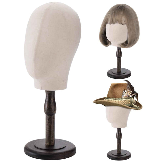 Peohud 21 Inch Mannequin Head, Canvas Wig Stand with Head, Linen Dome Model Head with Detachable Wood Stand for Hats, Caps, Headdress, Wig Making, Headband Display