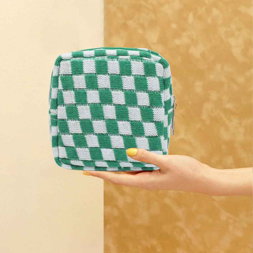 2 Pieces Makeup Bag Small, Mini Checkered Make Up Bag Travel Cute Cosmetic Bags for Women Preppy Makeup Pouch for Purse Zipper Makeup Organizer Case Period Bag Sanitary Napkin Storage Bag for Girls