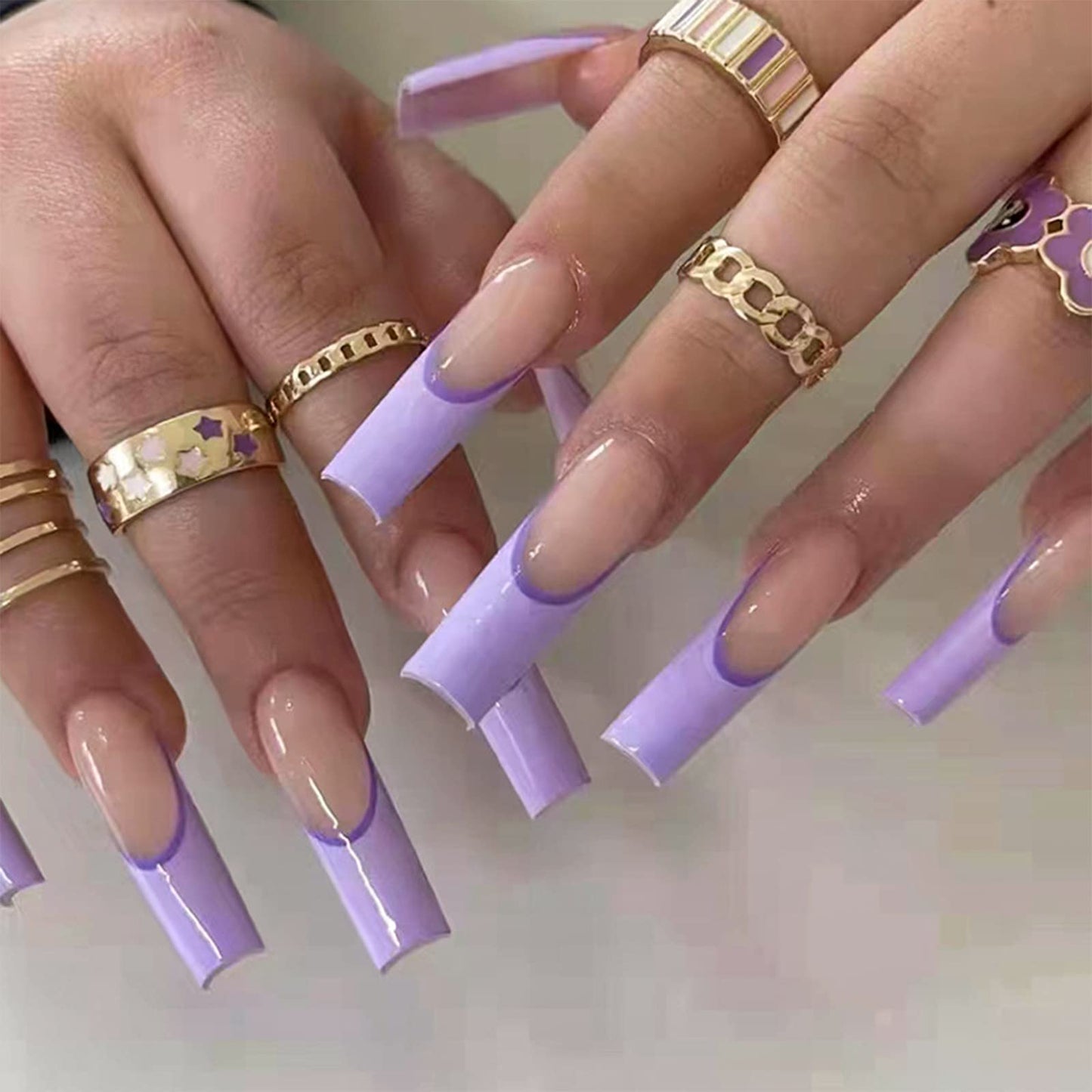 Purple French Tip Press on Nails Long Coffin Fake Nails with Daily Wear Simple Design Full Cover Stick on Nails Glossy False Nails for Women Girls Artificial Acrylic Nails