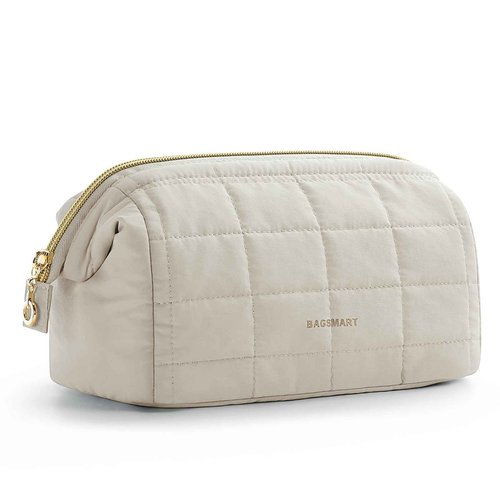 BAGSMART Makeup Bag Cosmetic Bag Wide Open, Beige, M, Wide-open Travel Makeup Bag With Puffy Padded and Rectangular Quilted