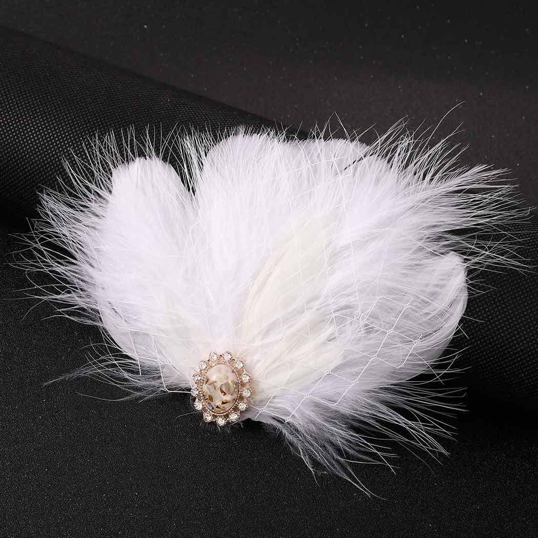 GENBREE 1920s Flapper Headband White Feather Hair Clip Rhinestone Headpiece Prom Party Hair Accessories for Women and Girls (Pattern 1)