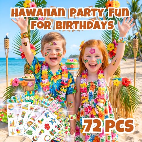 Hawaiian Party Favors Set - 72 Pieces Temporary Tattoos & Slap Bracelets