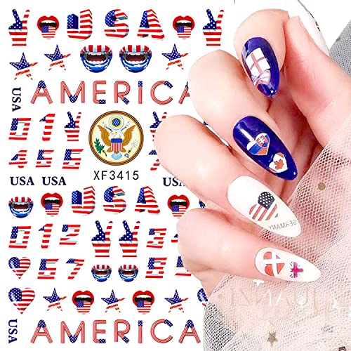 Independence Nail Art Sticker - 8 Sheets 4th July Nail Stickers 3D Self Adhesive Nail Art Decoration Red Blue Flag Eagle Heart Lip Nail Design for Acrylic Nail