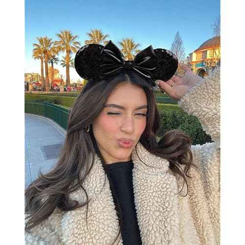 WOVOWOVO Mouse Ears Headbands for Women Black Bow Mouse ear Headband Sequin Hairbands Halloween Christmas Birthdays Party Hair Accessories