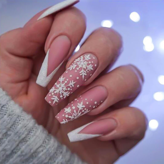 FOAMEE Christmas French Tip Press on Nails Long Pink Coffin Fake Nails with Snowflake Designs Acrylic Glue on False Nails Matte Stick on Nails for Women