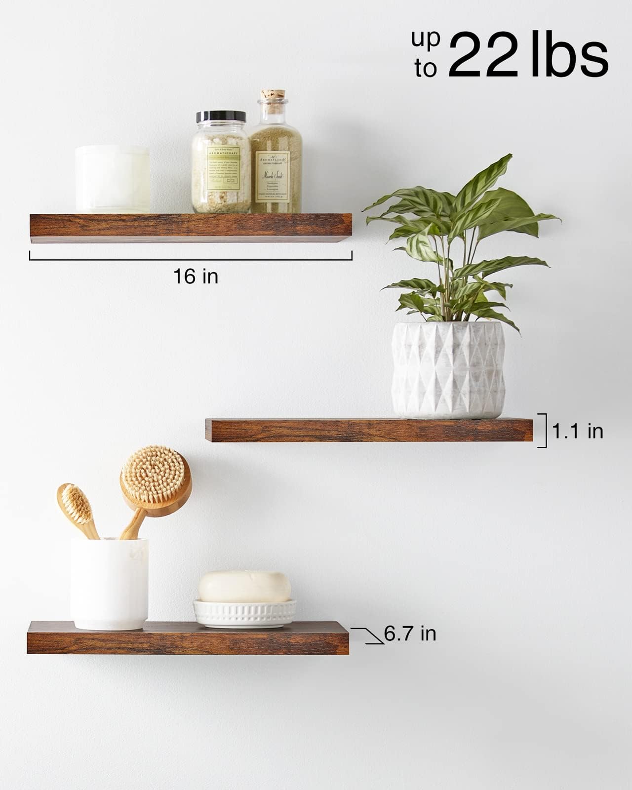 BAYKA Floating Wood Shelves - Wall Mounted for Bathroom,Bedroom,Living Room,Kitchen,Small Hanging Shelf for Books/Storage/Room Decor with 22lbs Capacity(Rustic Brown,Set of 3,16inch)