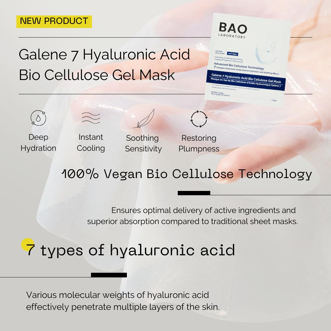 BAO Laboratory Galene 7 Hyaluronic Acid Bio Cellulose Gel Mask | Intense Hydration & Soothing Effects Gel Mask for Face | Skin Care Face Facial Mask | 100% Vegan, 330 g (6 pairs)