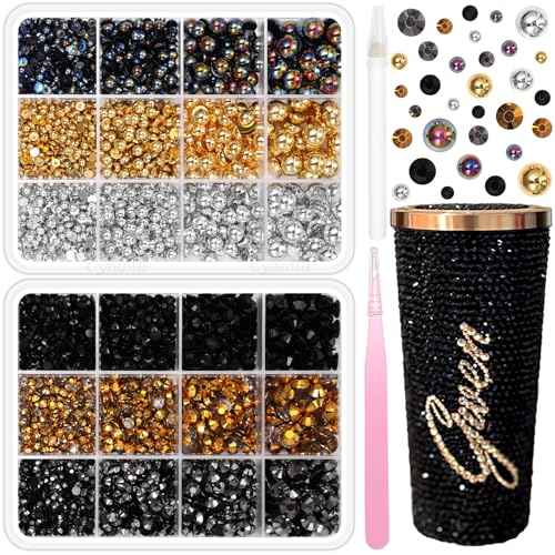 2 Boxes Gold Black Flatback Pearls and Resin Rhinestones for Crafting, 3-6 mm Jelly Rhinestones, Mixed Size Half Pearl Bedazzling Gems for Nail DIY Crafts Mugs Bottles Tumblers Clothes Makeup