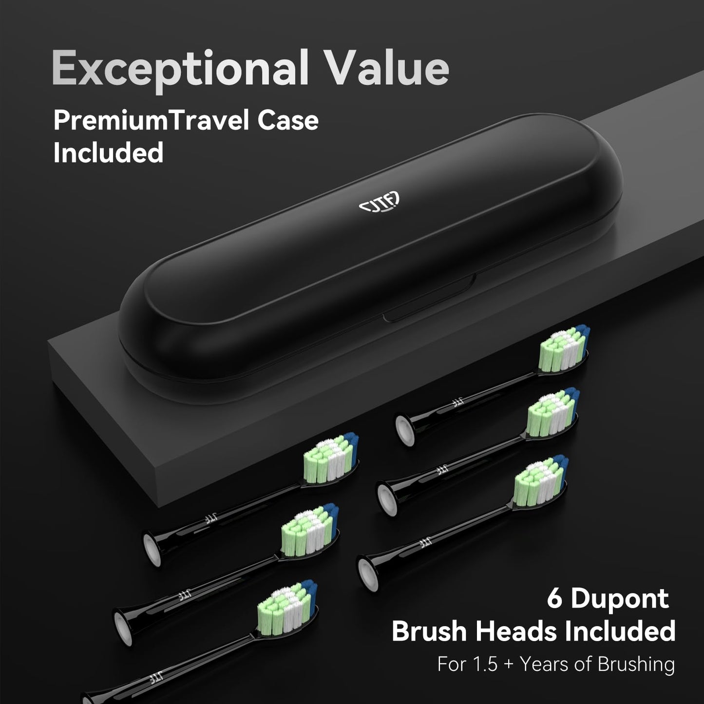 JTF Sonic Electric Toothbrush for Adults, Rechargeable Toothbrushes with 6 Brush Heads and a Travel Case, 5 Modes Auto Smart Timer Tooth Brush, Power Waterproof Sonicbrush for Men Women, Black