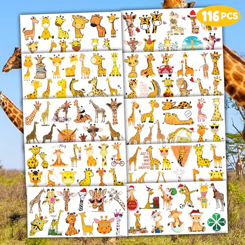 116 PCS Christmas Giraffe Face Temporary Tattoos Sticker Wild Jungle Animal Giraffe Birthday Party Decorations Supplies Favors Gifts Baby Shower Boys Girls Zoo Cute Fake Tattoo School Reward Themed