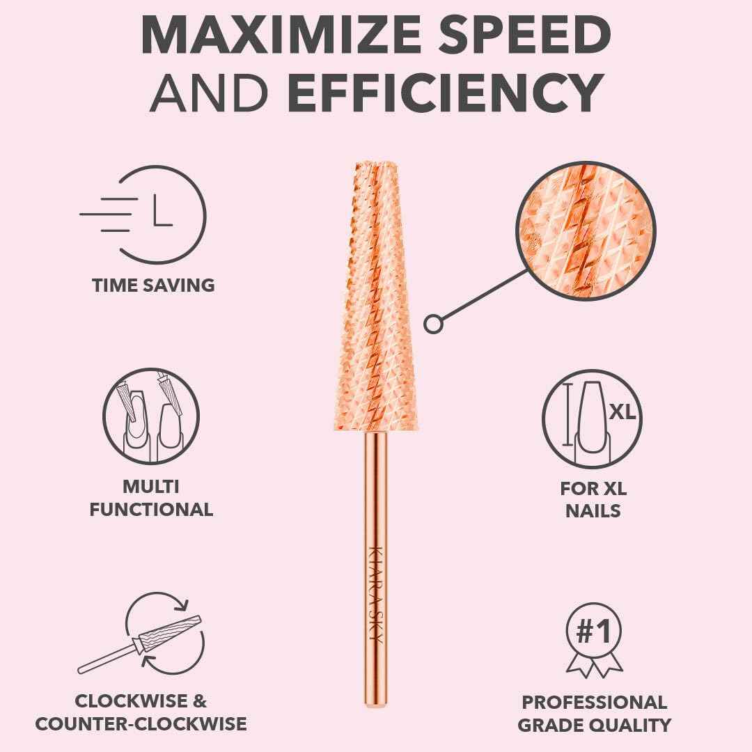 Kiara Sky XL 5-in-1 Course Nail Drill Bit | 3/32"" Carbide Extra Long Multi-use | 2-way Rotate Left and Right Handed - Rose Gold