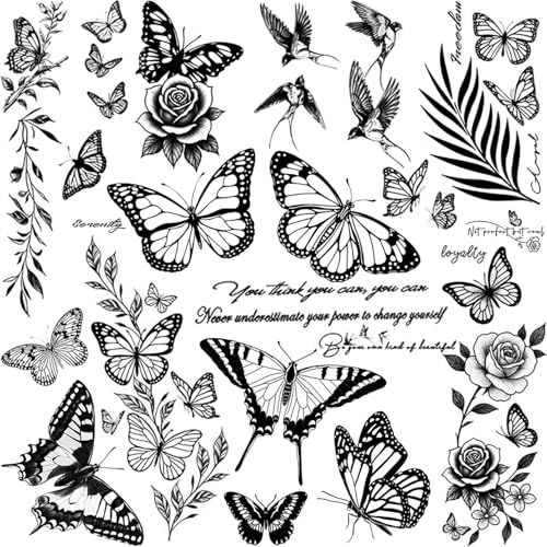 Temporary Tattoo Stickers for Women - 12 Sheets Butterfly Flower Black Waterproof