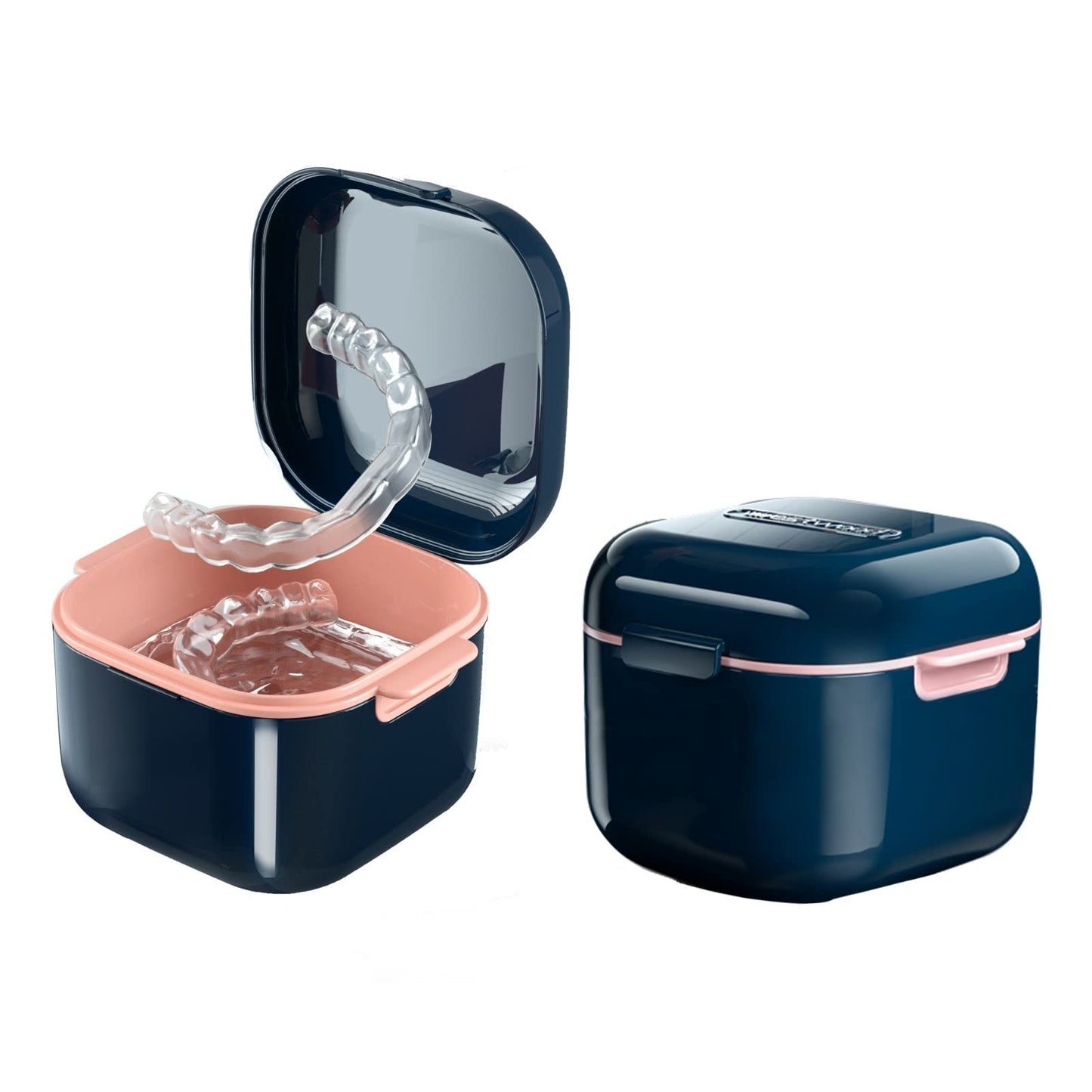 whoobell Denture Cup，Retainer Case,Cute Night Mouth Guard Box Holder, Storage Soak Container with Strainer basket for Travel Cleaning (Blue)