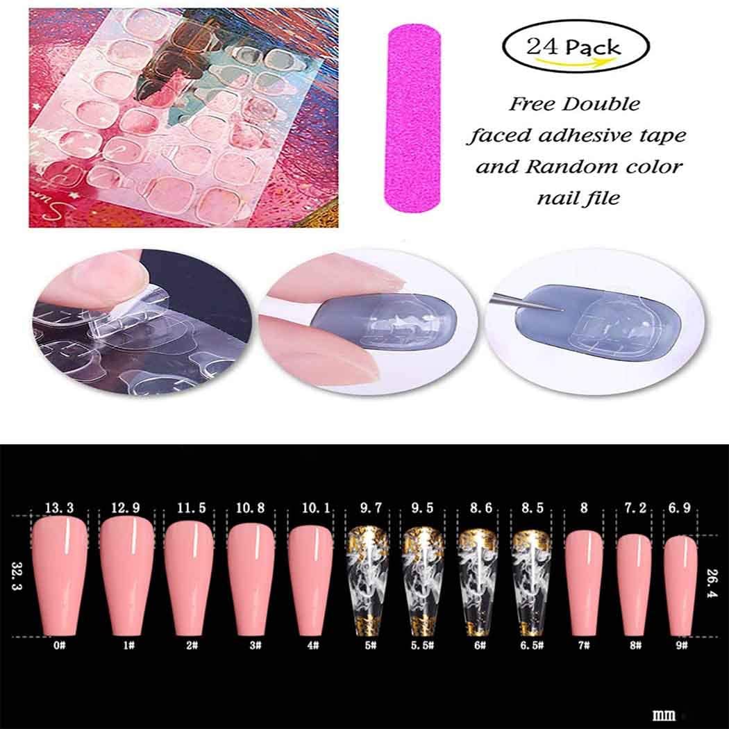 Outyua Smoke Pattern Fake Nails Pink Coffin Extra Long Press on Nails with Designs Glossy Ballerina Acrylic False Nails Stick on Artificial Nails 24Pcs (Pink)