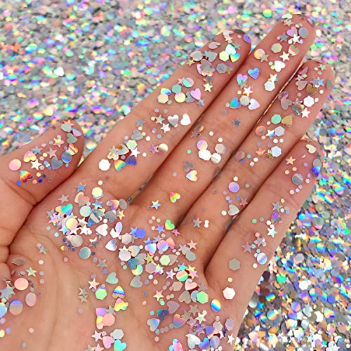 Holographic Silver Body Glitter. 15g Chunky Face Glitter, Hair Glitter, Eye Glitter and Body Glitter, Rave Glitter, Festival Accessories, Cosmetic Glitter Makeup. Loose Glitter Set