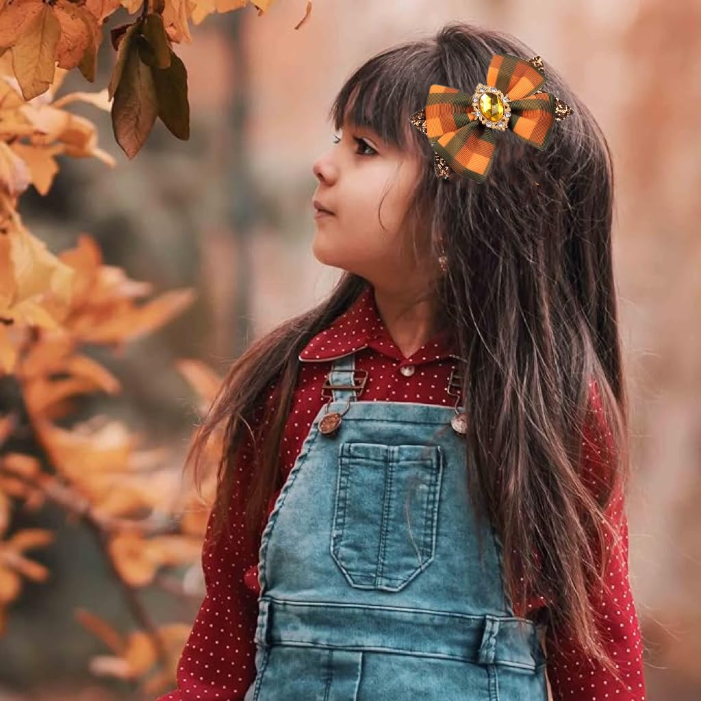 Happy Fall Hair Bows for Girls, Glitter Autumn Checkerd Bow Hair Clips, Thanksgiving Buffalo Plaid Ribbon Bow Barrettes for Teens Toddler Kids Women