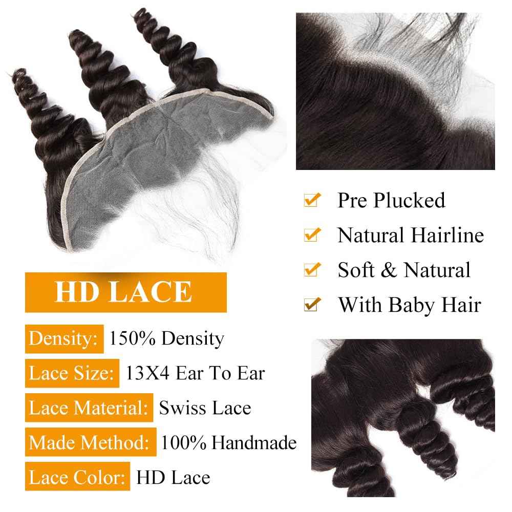 QTHAIR 16A 13x4 HD Lace Frontal Human Hair Loose Wave Frontal Pre Plucked with Baby Hair Ear to Ear Transparent Lace Closure 100% Unprocessed Brazilian Virgin Human Hair(12inch)