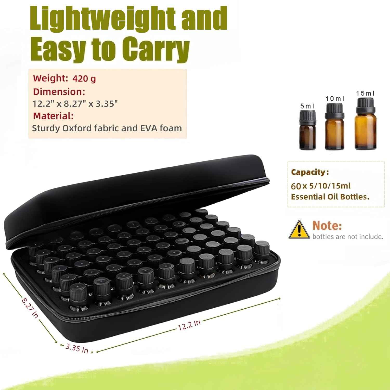 BLIRITEL 60 Bottles EVA Essential Oils Organizer, Hard Shell Essential Oil Storage Carrying Case, Essential Oils Holder Traveling Bag with Foam Insert, Holds 5ml,10ml,15ml Essential Oils (Black)