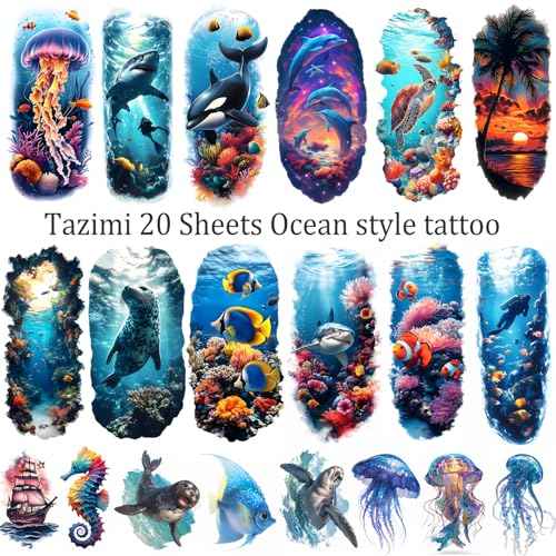 Tazimi Temporary Tattoo for Women Men 12 Sheets Realistic Half Arm Fake Tattoos 8 Sheets Tiny Waterproof Ocean Sea Animal Tattoos Stickers for Adults Kids