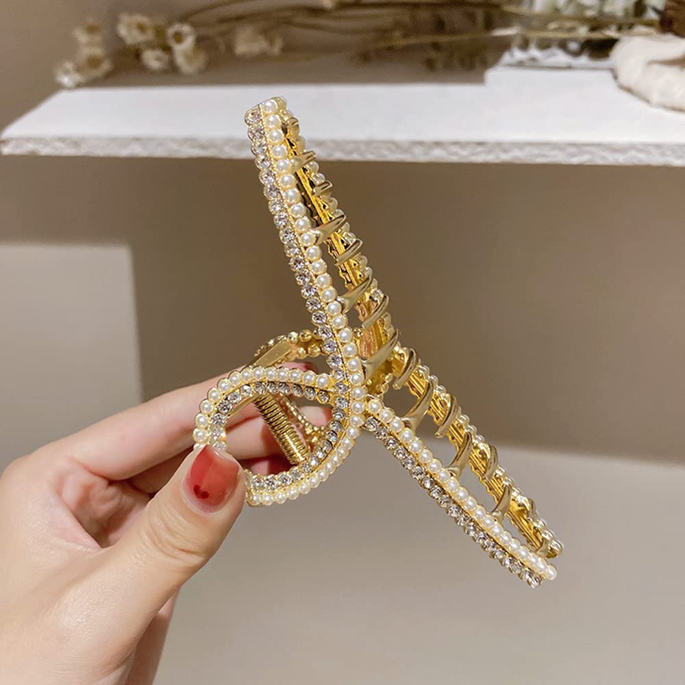 White and Gold Pearl Metal Rhinestone Hair Claw Clips - Large Non-slip Luxury Jaw Clamp Barrettes for Strong Hold and Hair Styling, 1 Pcs for Thick/Thin Hair