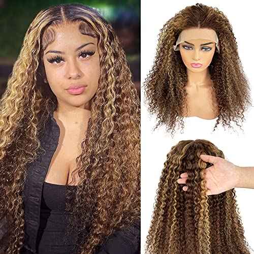 Blonde Highlights Human Hair Lace Front Wigs for Black Women Pre Plucked Hairline with Baby Hair 13x1 T Part Real Human Hair Lace Wigs Bleached Knots Chocolate Brown Mixed Caramel Blonde Wig 16 Inch