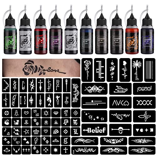 STIGMA Temporary Tattoo Kit 10 Bottles Color Inks, 84 Pcs Stencils Kit for Body Paint DIY Tattoos Temp, 10 Colors DIY Fake Tattoo for Women Kids