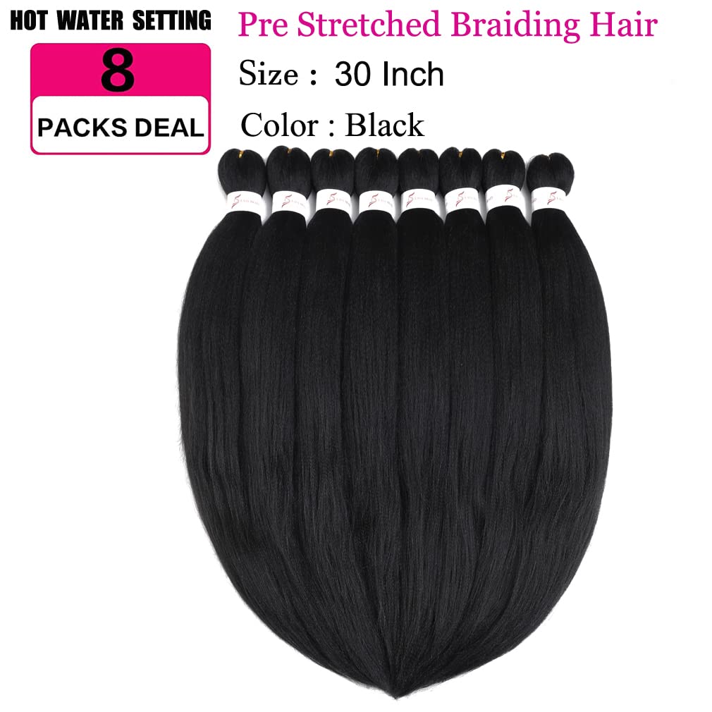 Pre Stretched Braiding Hair 30 Inch 8 Packs Professional Braiding Hair Extensions Synthetic Fiber Crochet Twist Braids Hot Water Setting Soft Yaki Texture(30",black)