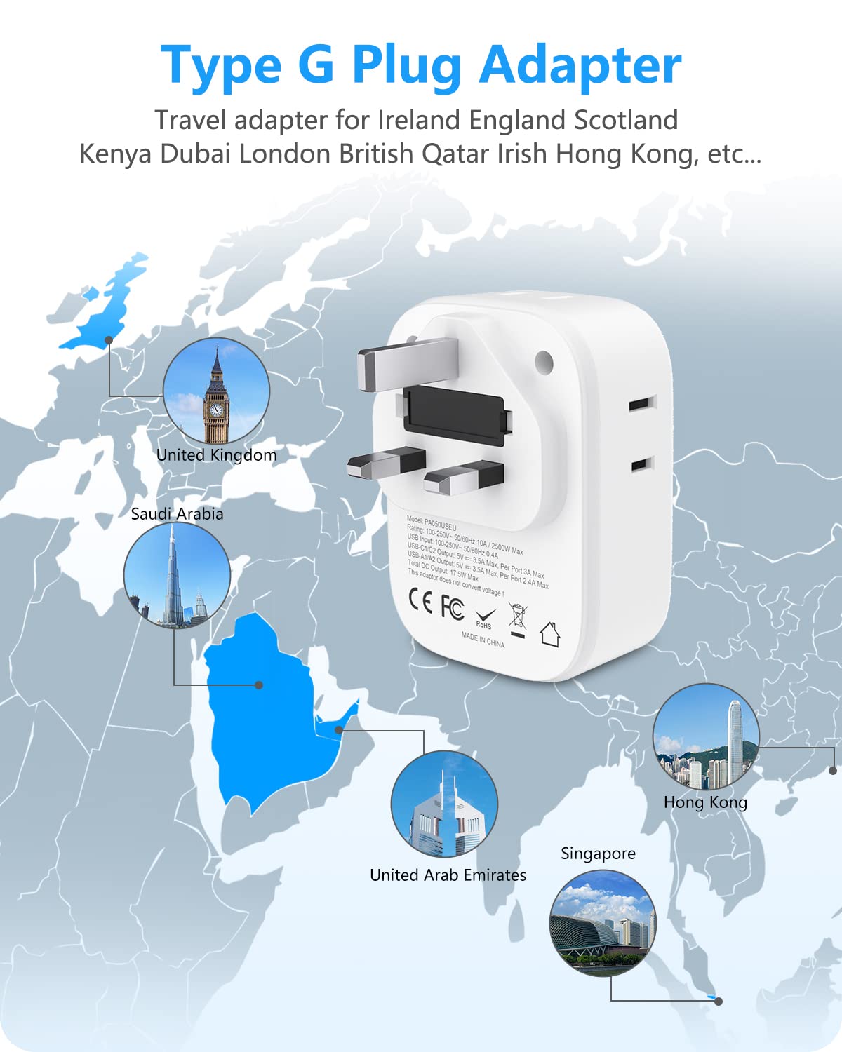 LENCENT US to UK Ireland Travel Plug Adapter, Grounded Type G Outlet Adaptor with 4 USB Charger(2 USB C), 4 Outlets Converter for USA to Dubai Scotland British London England Hong Kong Irish Qatar