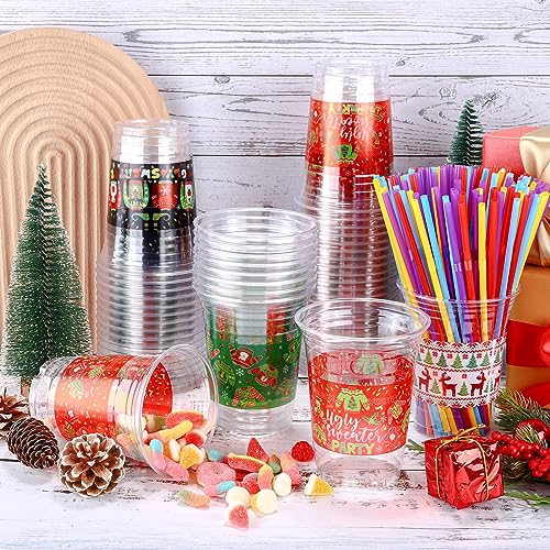 Kochorie 120 Pieces Christmas Sweater Plastic Cups 16 Oz Christmas Disposable Plastic Cups Xmas Tree Santa Reindeer Snow Drinking Cups for Christmas Party Supplies, Merry Christmas Party Decorations