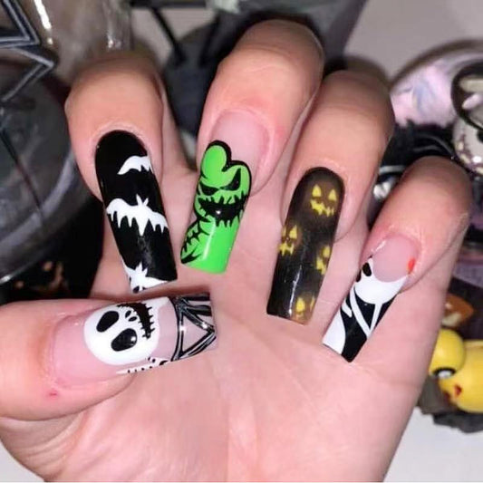 Halloween Coffin Press on Nails Long Fake Nails Black French Tips Acrylic Nails with White Ghost Bat Pumpkin Green Terror Full Cover Designs Artificial Nails Stick on Nails for Women and Girls 24 Pcs