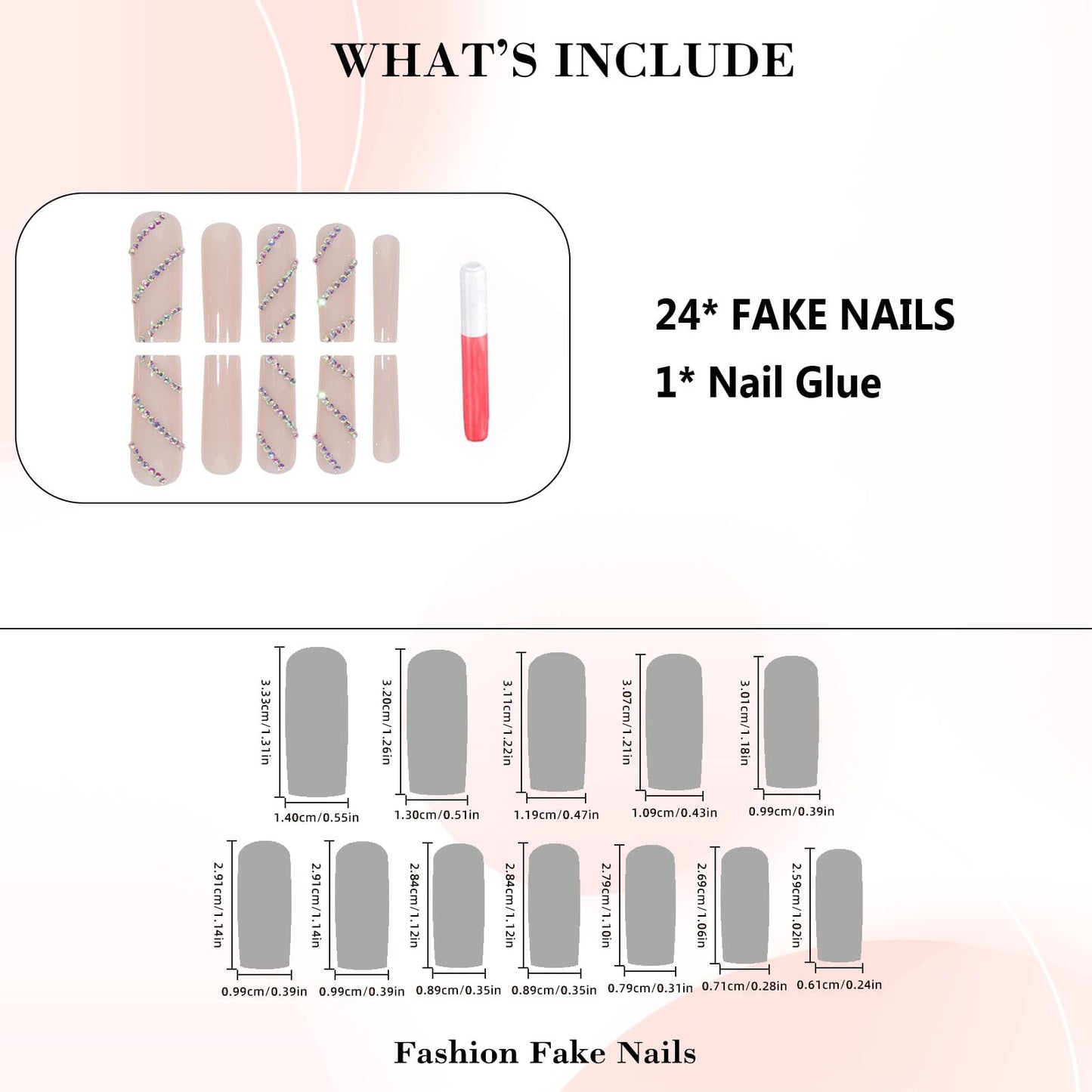 IMRAIN Rhinestone Press on Nails Long Square Fake Nails Nude Glossy Glue on Nails Full Cover Sparkling Squoval Acrylic False Nails for Women 24Pcs Natural Artificial Nails Press ons