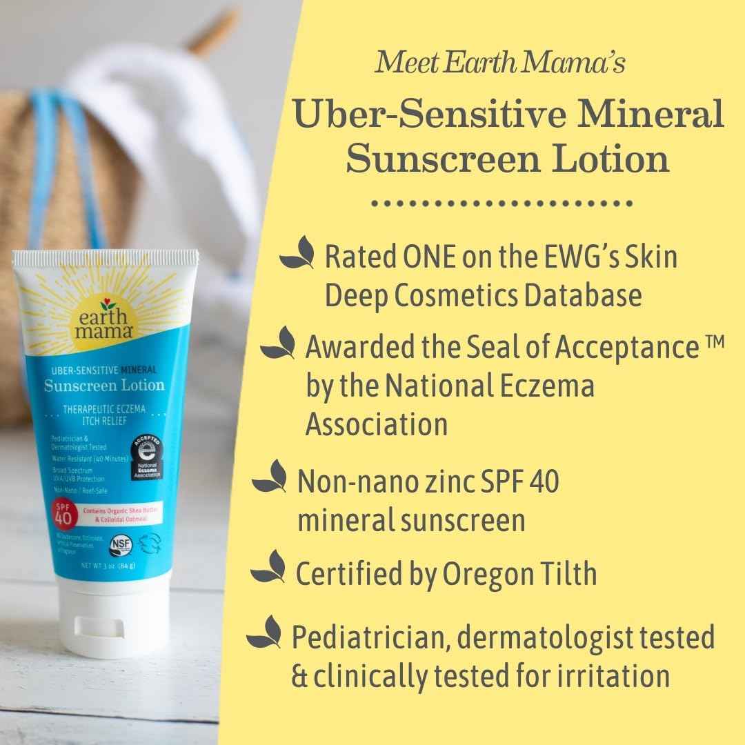 Earth Mama Uber-Sensitive Mineral Sunscreen Lotion SPF 40 | Non-Nano Zinc, Contains Organic Colloidal Oatmeal | Steroid-Free Eczema Cream for Baby, Kid & Family, 3-Ounce, 2-Pack