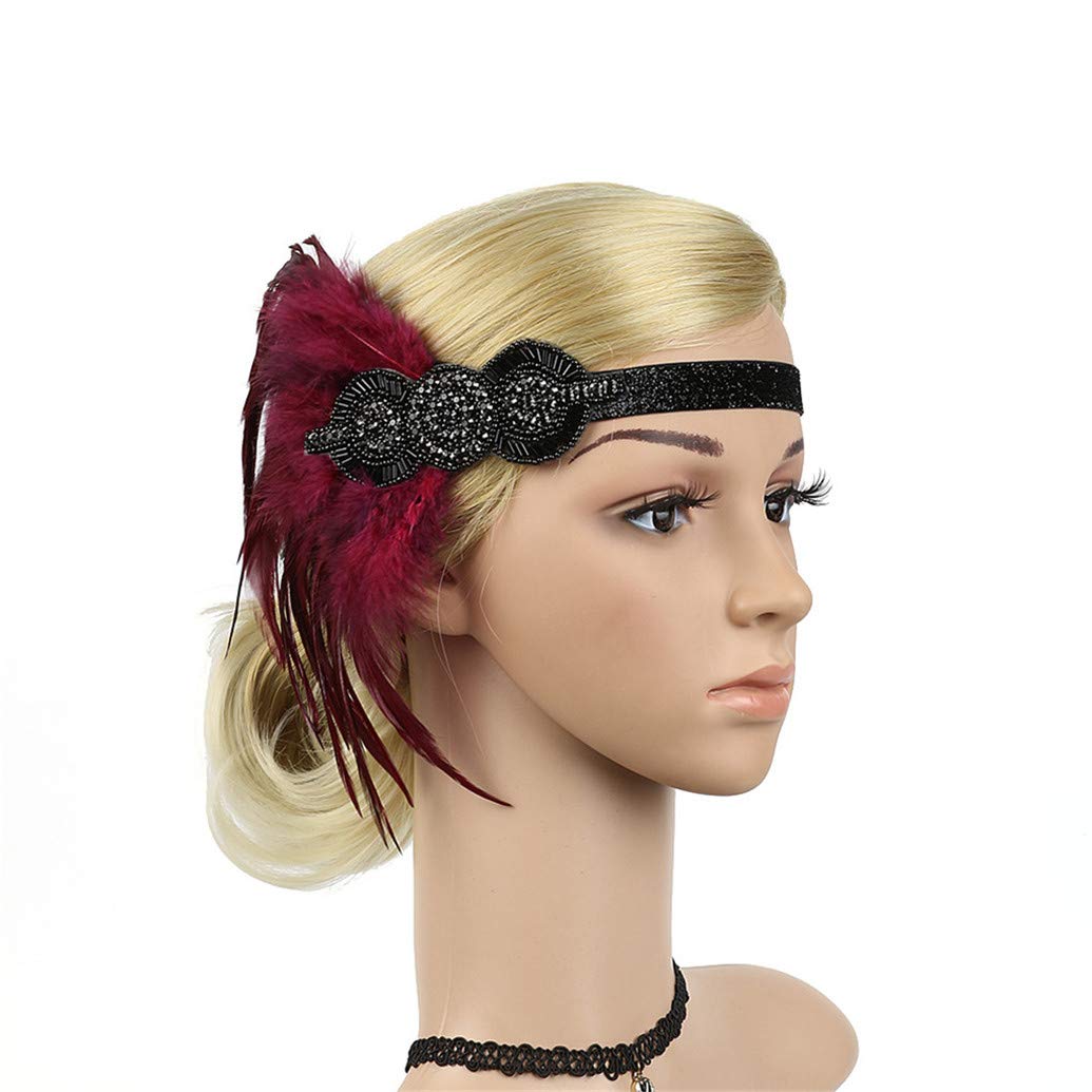 Women's Flapper Feather Headband 1920s Art Deco Roaring 20s Great Gatsby Headpiece Gatsby Costume 22Wine Red