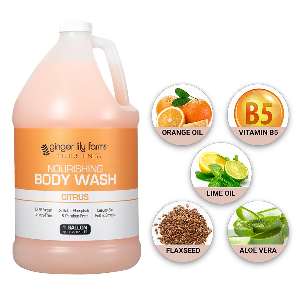 Ginger Lily Farms Club & Fitness Nourishing Body Wash, 100% Vegan & Cruelty-Free, Bath & Shower Gel for Men and Women, Citrus Scent, 1 Gallon (128 fl. oz.) Refill