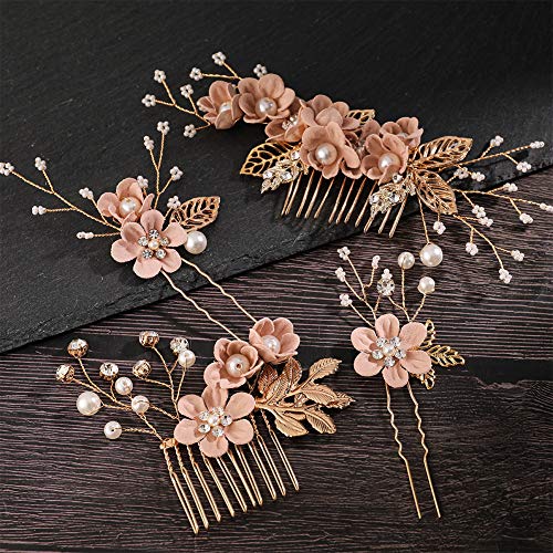 4Pcs Rose Gold Wedding Hair Combs with Pearl Crystals