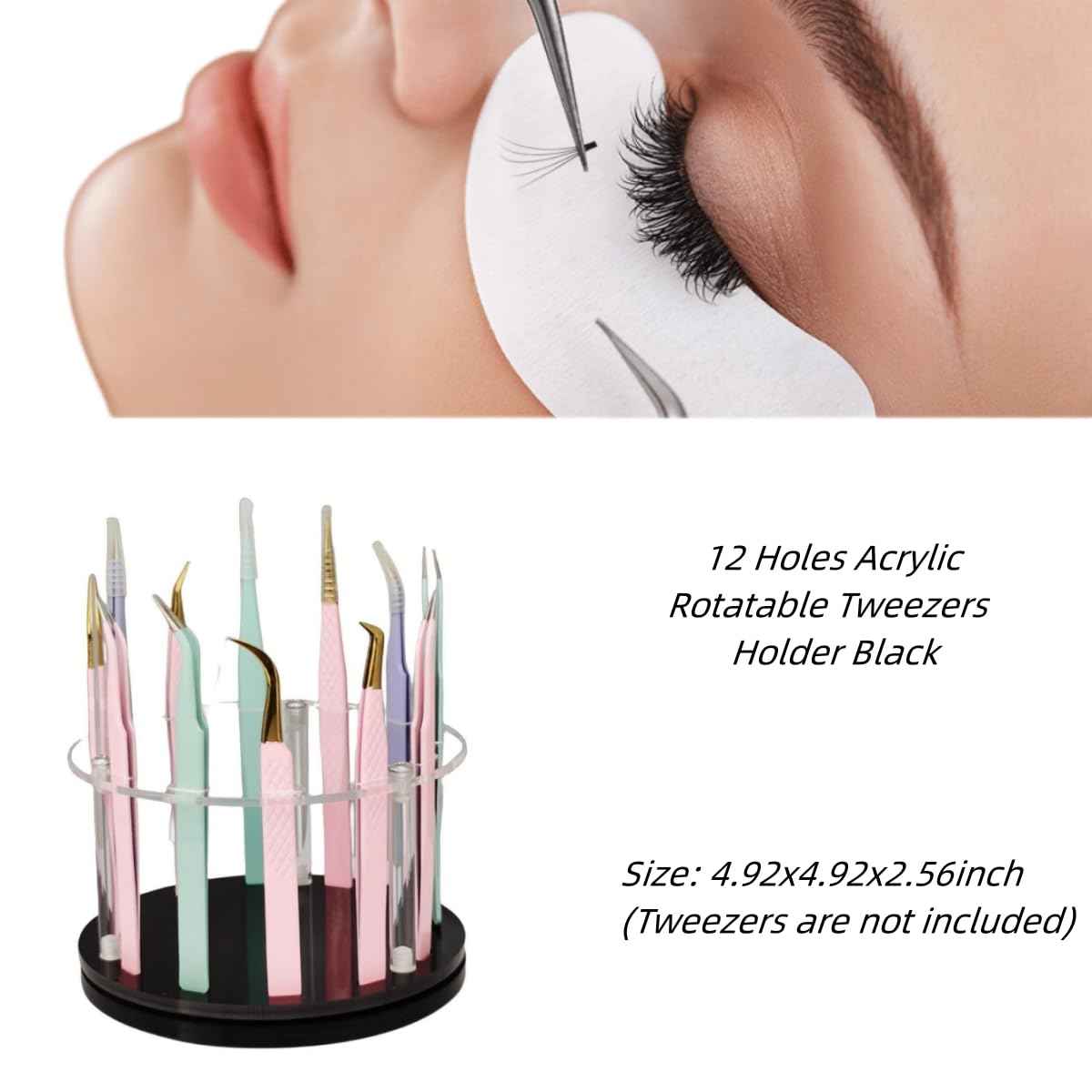 LIXIMMAZN 12 Holes Acrylic Rotatable Tweezers Holder, Eyelash Makeup Grafting Tweezer Display Stand Extensions Organizer Training Rack Beauty Tools (Black)