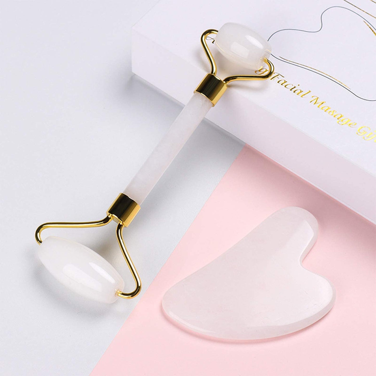 HOTACE Jade Roller Gua Sha Set Natural Jade Stone Roller for Face Beauty Facial Roller Massager Tools Face Slimming Lift Anti Wrinkle Skin Care Tools-White Jade