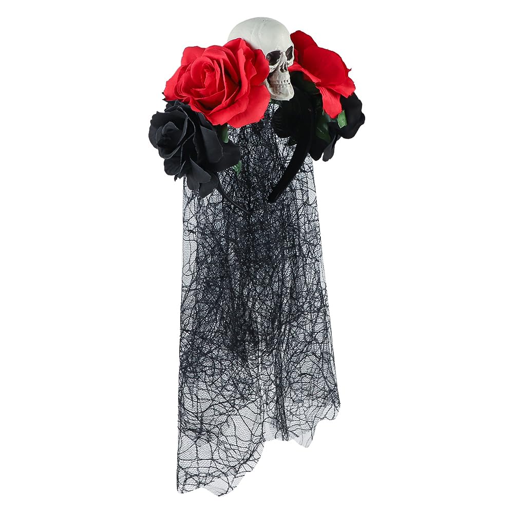 HKSICHENGKEJI Floral Crown Headband with Black Lace Veil Headpiece Hair Accessories Day of The Dead Halloween Costume Party Wedding Bridal