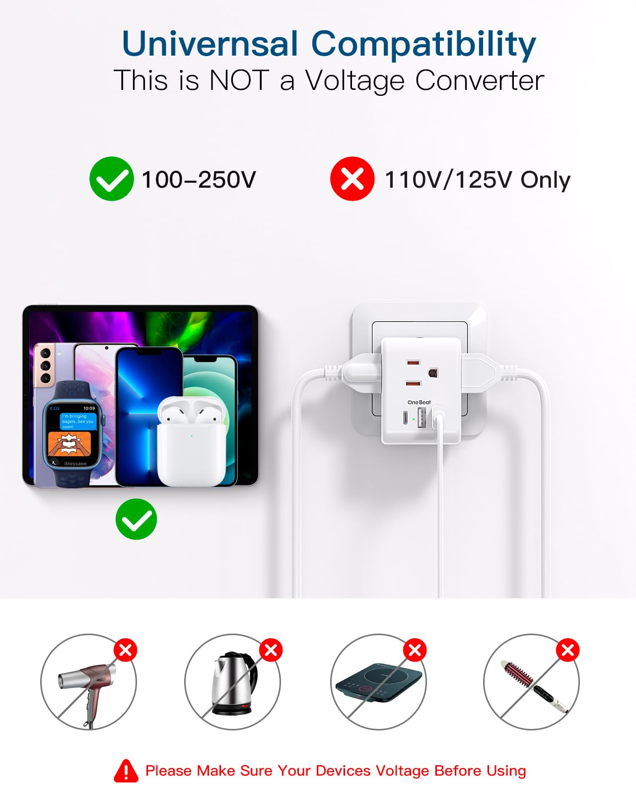 2 Pack Germany France Travel Plug Adapter with 3 Outlets 3 USB Charging Ports(1 USB C), Type E/F International Power Adapter, Travel Essentials US to Europe France Germany South Korea Netherlands