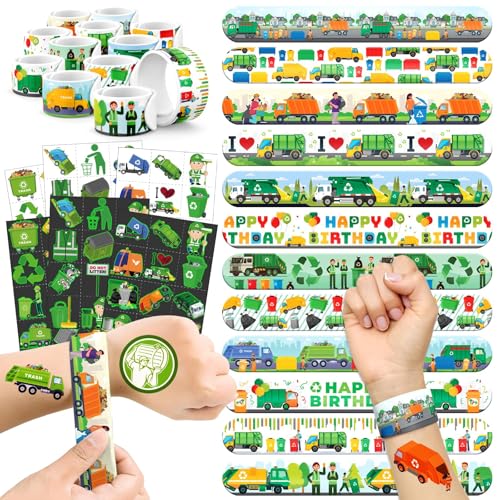 Garbage Truck Party Favors Set - 72 Tattoos & 24 Slap Bracelets