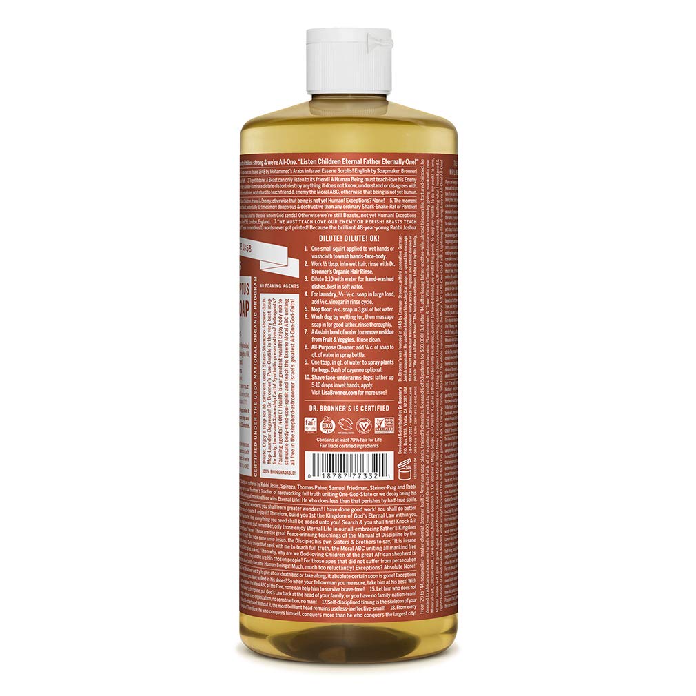 Dr. Bronner's - Pure-Castile Liquid Soap (Eucalyptus, 32 ounce) - Made with Organic Oils, 18-in-1 Uses: Face, Body, Hair, Laundry, Pets & Dishes, Concentrated, Vegan, Non-GMO