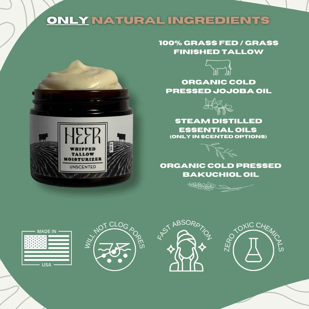 HEFR 100% Grass Fed Beef Tallow for Skin Care, All-Natural Face and Body Whipped Beef Tallow Moisturizer, Organic Beef Tallow Moisturizer for Skin, Face and Body Lotion - (Living Lavandula) 4 oz