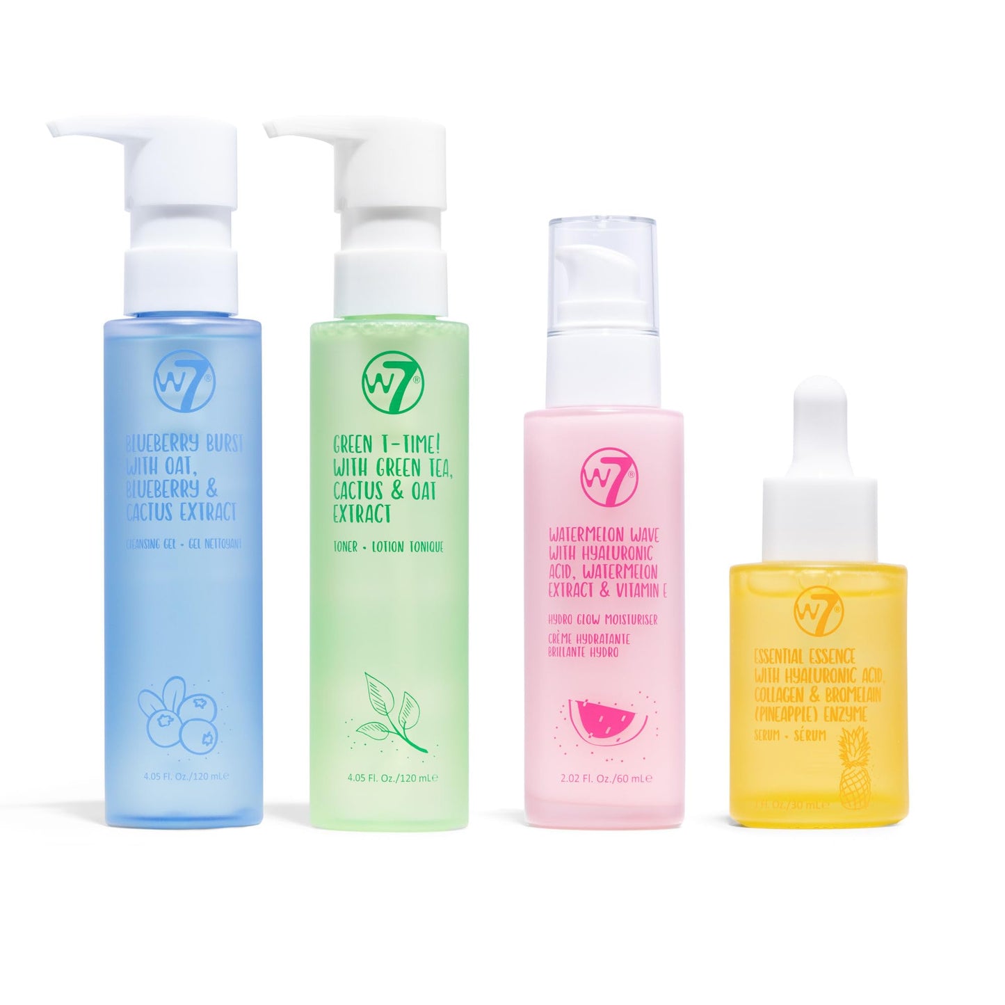 W7 Skin Refresh Essential Full Size Skin Care Set - 4 Step Daily Routine - Moisturizer, Cleansing Gel, Toner and Serum for Natural Beautiful Skin