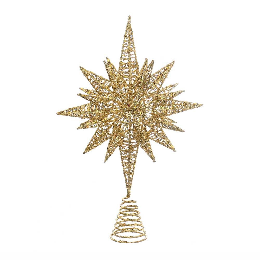 Kurt Adler Un-Lit Gold Glitter Wire 3D Star Treetop, 16.5-inch Length, Gold-Tone, Metal, Holiday Decor