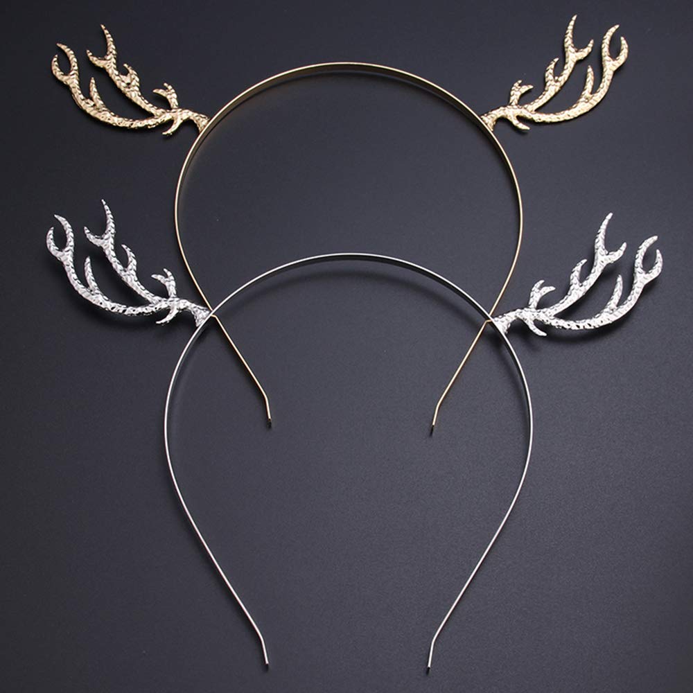 Reindeer Antler Headband Christmas Deer Antler Hairband Fawn Horn Hair Bands Women Girls Hair Hoop Headdress Headwear Headpiece Party Decoration Cosplay Costume Cute Handmade Hair Accessories Silver