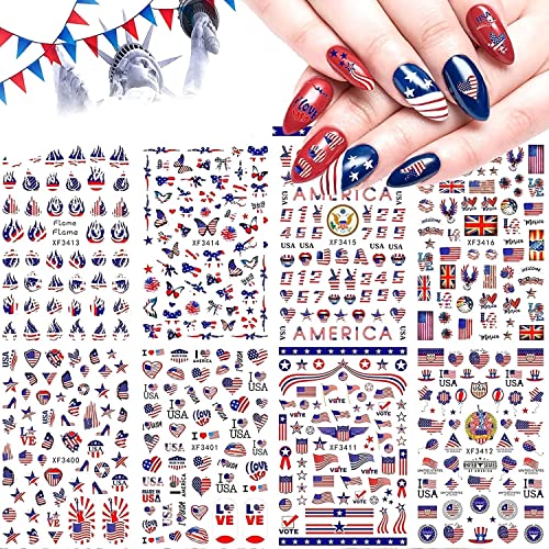 Independence Nail Art Sticker - 8 Sheets 4th July Nail Stickers 3D Self Adhesive Nail Art Decoration Red Blue Flag Eagle Heart Lip Nail Design for Acrylic Nail